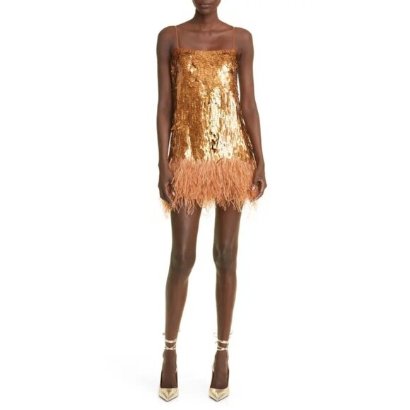 NWT Johanna Ortiz Chemical Attraction Metallic Feather Trim Minidress Gold Sz 10 - Picture 3 of 15